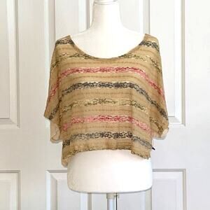 American Eagle Top Cream Pink Green Striped Short Sleeve Crop Blouse Small NEW